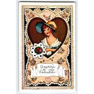 Valentines Day Postcard Women In Large Hat Flowers Chrome Era?